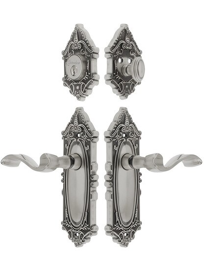 Grandeur Grande Victorian Entrance Door Set, Keyed Alike with Portofino Levers in Antique Pewter.